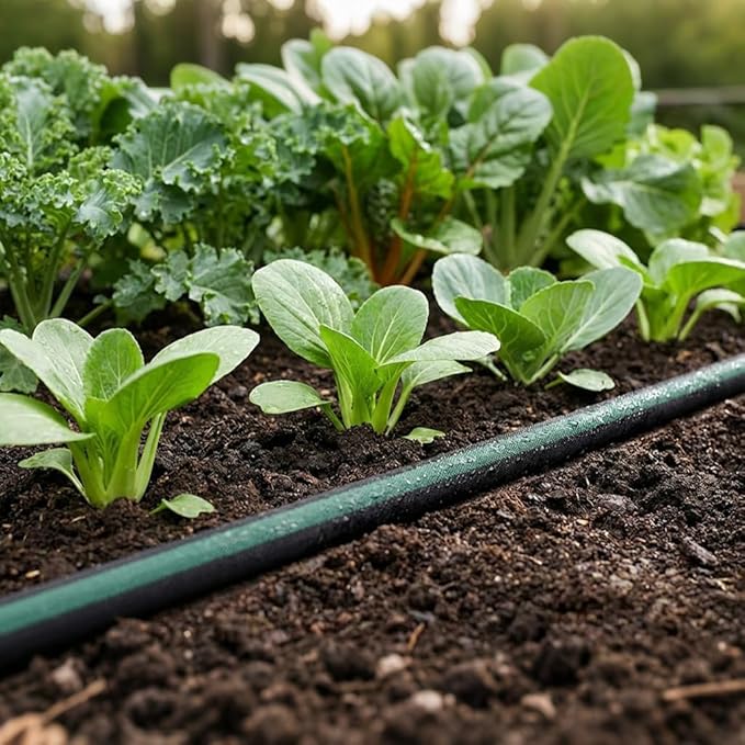 Flat Soaker Hose 50ft for Garden // Drip Hose for Garden Beds, Lawns and Trees // Heavy Duty Leakproof Design with Quick Connect // Linkable Irrigation System for Vegetables and Flowers