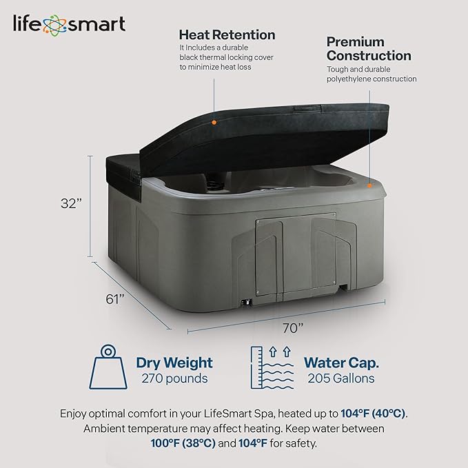 LifeSmart 4-Person Hot Tub with 13 High-Powered Jets & LED Lighting, Square, Taupe - Outdoor Spa w/ 4 Bucket Seats, Pump & Cover, 205-Gallon Water Capacity
