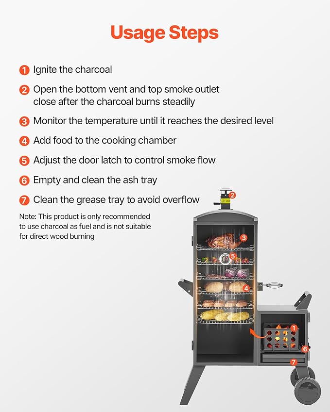 VEVOR Charcoal Offset Smoker, Heavy-Duty Steel BBQ Offset Smoker with Side Firebox, Movable Outdoor Barbecue Smokers with 6 Adjustable Grates, Thermometer & Air Vents for Backyard Patio Party Cooking
