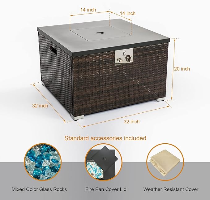 32'' Outdoor Low Profile Fire Table, 50,000 BTU Fire Table with Brown Wicker, Painted Steel Tabletop, Mix Color Glass Rocks, Including Lid and Cover, Fits 20lb Tank Outside, Square