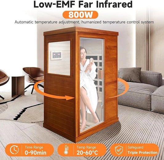 Infrared Sauna Home Sauna Indoor Sauna for Single Person, Mini Dry Sauna with Low EMF 800W,Canadian Hemlock Wood Sauna Room with Control Panel and Tempered Glass Door
