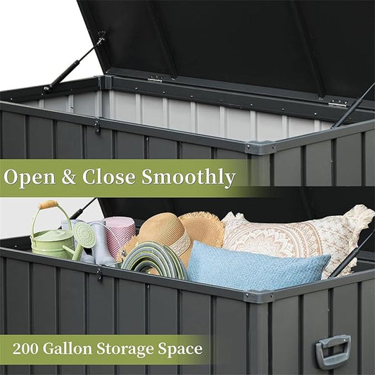 CHUNLY 200 Gallon Deck Box with Lockable Lid, Outdoor Patio Storage Box w/Mobility Rollers, All-weather Storage Bench Bin for Outside Cushions, Pool Supplies and Garden Tools (Dark Gray)