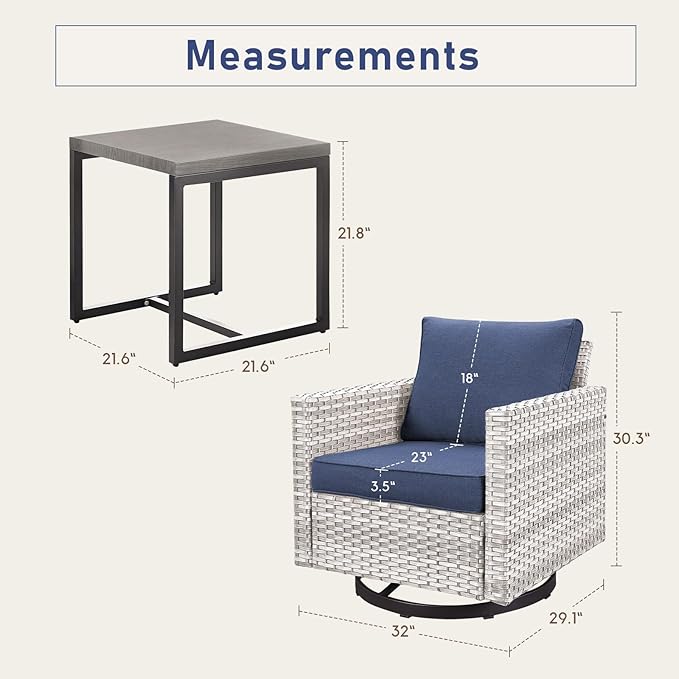 Outdoor Rocker Chairs - Patio Swivel Chair Set, Two Wicker Chairs with One Side Table, Light Grey/Blue