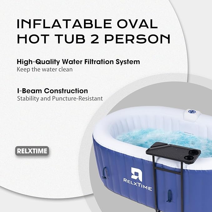 Inflatable 2 Person Hot Tub Outdoor, 100 Air Jets Portable Oval Spa with Built in Heater Pump, Blow Up Hottub for Relaxation, Table Tray, 2 Filters, Blue