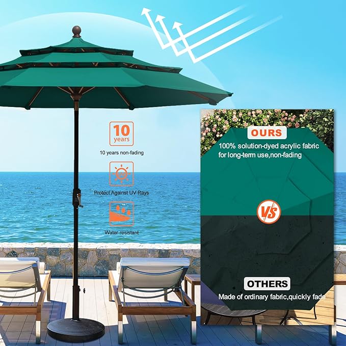 Eurmax USA 10-Year-Non-Fading 10Ft 3 Tiers Market Umbrella Outdoor Patio Umbrella Table Umbrella with 8 Ribs,Hand Crank and Ventilation (Teal)