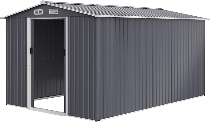 Outdoor Storage Shed 8 x 12 FT Large Metal Tool Sheds, Heavy Duty Storage House with Sliding Doors with Air Vent for Backyard Patio Lawn to Store Bikes, Tools, Lawnmowers Grey