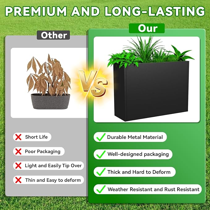 Tall Metal Planter Box, 36" L x 12" W x 26" H Large Outdoor Planters with Drainage & Adjustable Shelf, Heavy Duty Steel Rectangular Planter for Patio, Balcony, Indoor(Black)