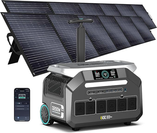 IEE 3200W Solar Generator P3200 with 2x500W Solar Panel, 2048Wh Portable Power Station, 1800W AC Charging, AC Outlets x 4, LiFePO4 Battery Power Station for Home Backup, Camping, RV, Emergency