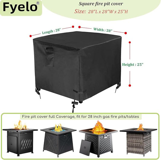 28 Inch Gas Fire Pit Cover, Heavy Duty 600D Waterproof & Windproof 28 x 28 x 25 Inch Square Cover Fit for Outdoor Fireplace & Propane Fire pit Tables, Black