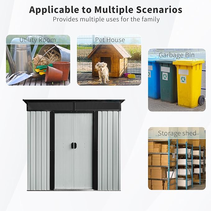 6X5 FT Outdoor Storage Shed, Waterproof Metal Garden Sheds with Lockable Door, Steel Tool Storage Buildings Shed & Outdoor Storage House for Garden, Backyard, Patio, Lawn, Trash Cans(White + Black)