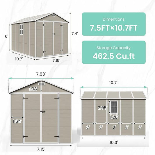 UDPATIO Outdoor Shed 7.5x10.7 FT, Plastic Storage Shed for Bike, Garbage Can, Tool, Outside Sheds & Resin Shed with Lockable Door for Backyard, Patio, Lawn, Standstone