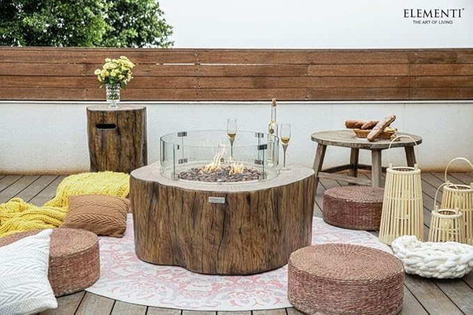 Elementi Manchester Gas Fire Pit Cast Concrete Fire Table, Outdoor Fire Pit Electronic Ignition | Canvas Cover, Lava Rock Included | Free AMS Wind Guard | Red Wood (Natural Gas)