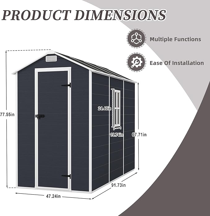 Resin Storage Shed 8x4ft, Outdoor Storage Sheds with Floor, Window, Lockable Doors and Vents, 12mm Thick pp Board, Tool Shed for Bike, Garden, Backyard, Lawn (Dark Gray, 4 * 8ft)