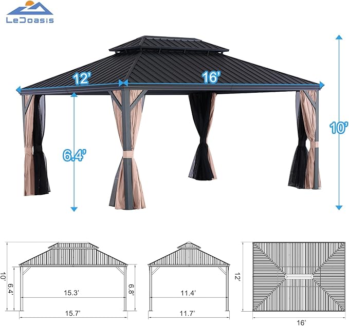 LeDoasis Blazar Hardtop Gazebo 12' X 16' with Nettings and Curtains, Outdoor Canopy for Patio Lawn and Garden, Vertical Stripes Galvanized Steel Double Roof Canopy