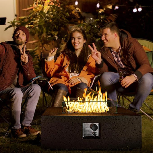 COSIEST Outdoor Propane Fire Pit Coffee Table w Square Faux Stone 35-inch Base, Certified, 50,000 BTU Stainless Steel Burner, Free Lava Rocks and Rain Cover, Wind Guard, Brown