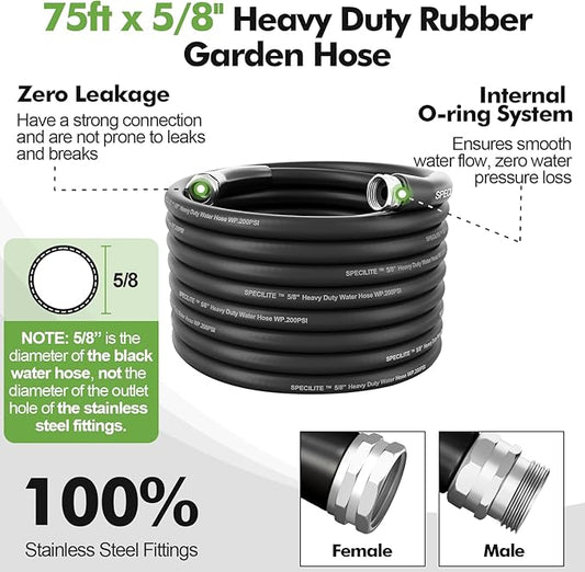 SPECILITE 5/8" Garden Hose 75 ft with High Flow Nozzle, Heavy Duty Flexible Hybrid Rubber Water Hose for Outdoor, Lightweight, Leak-Proof, No-Kink, 3/4"Brass Fittings,Black