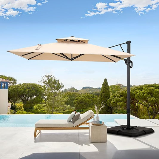 GREEN PARTY 12x9 ft Cantilever Patio Umbrella, Rectangle Offset Outdoor Umbrellas with 360° Rotation, 5-Year-Non-Fading Hanging Pool Umbrella for Garden Deck Poolside - Beige