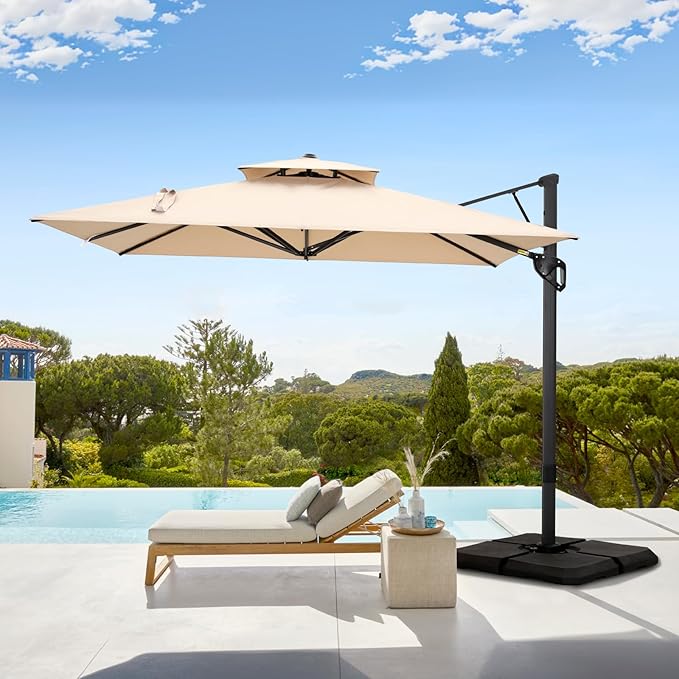 GREEN PARTY 12x9 ft Cantilever Patio Umbrella with Base Included, Rectangle Offset Outdoor Umbrellas with 360° Rotation, 5-Year-Non-Fading Hanging Pool Umbrella for Garden Deck Poolside - Beige
