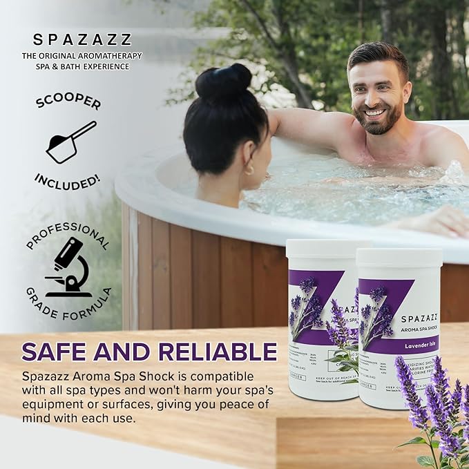 Spazazz Aroma Scented Non Chlorine Spa Shock for Hot Tubs Chlorine Free Oxidizer Treatment. Water Clarifier with Potassium Monopersulfate - Professional Grade- Lavender Isle 2.2lb