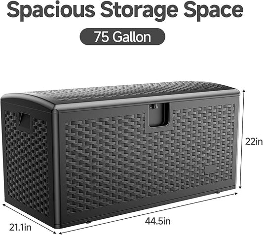 JEKO&JEKO 75 Gallon Outdoor Storage Box – Large Plastic Deck Box with Lockable Lid for Patio Furniture, Garden Supplies, and Shoes, Black