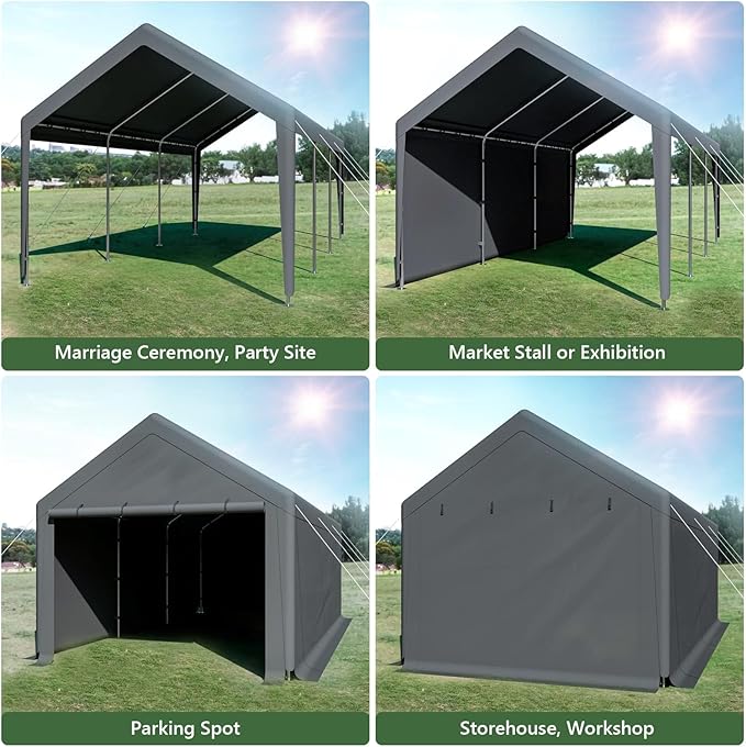 Carport Canopy 10x20 Heavy Duty, Portable Carport Garage with Removable Sidewalls and Door, Car Port with Waterproof Canopy for All Season (Gray)