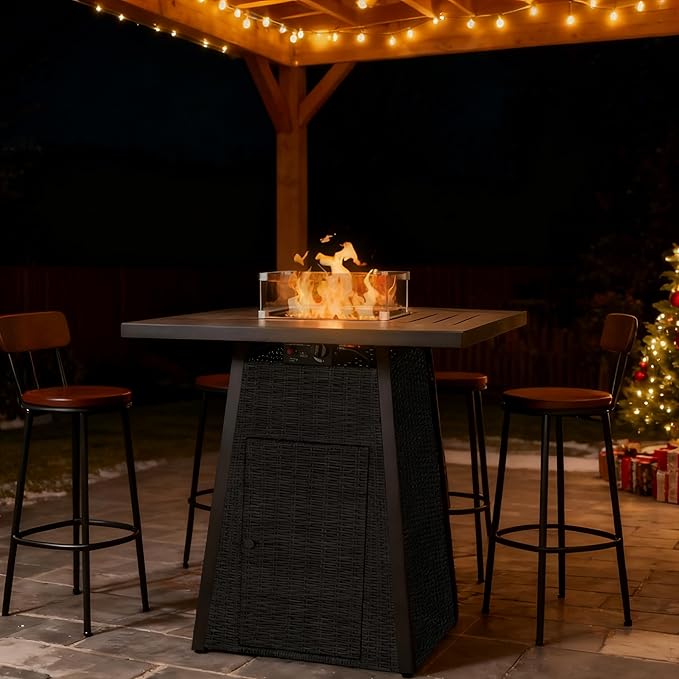 36 Inch Outdoor Propane Fire Pit Table 50,000 BTU – High Top Square Gas Fire Pit with Glass Wind Guard, Wicker Rattan Base for Patio & Backyard, Includes Rain Cover & Glass Beads