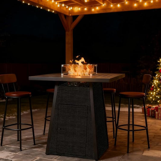 36 Inch Outdoor Propane Fire Pit Table 50,000 BTU – High Top Square Gas Fire Pit with Glass Wind Guard, Wicker Rattan Base for Patio & Backyard, Includes Rain Cover & Glass Beads