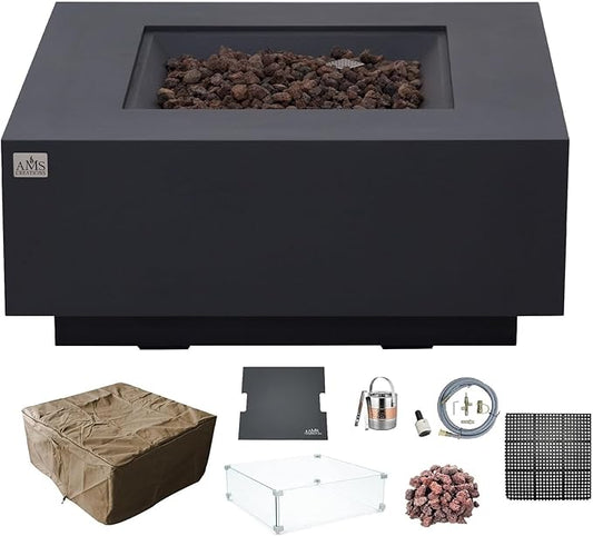 AMS Creations | Brooklyn 40" Bundle Square Natural Gas Outdoor Fire Pit Table | Dark Gray Concrete GFRC Smooth Texture Surface Fire Pit Table