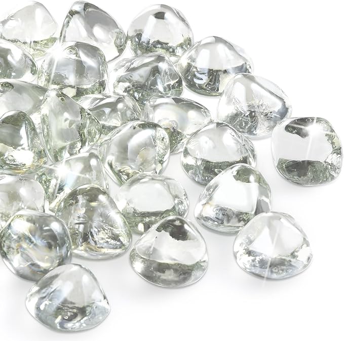 Firepit Glass, Clear Fire Glass Rocks for Propane Fire Pit, Fireplace, and Outdoor Decoration, High Luster 1 Inch Diamonds 10LB
