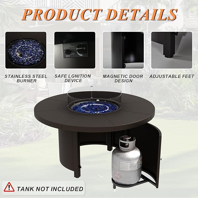 Kurapika 5 Piece Metal Outdoor Patio Furniture Set with Round Fire Pit Table, Patio Conversation Sets 4 Fixed Chairs with Thick Cushion and 40000 BTU Fire Pit Table, Navy Blue