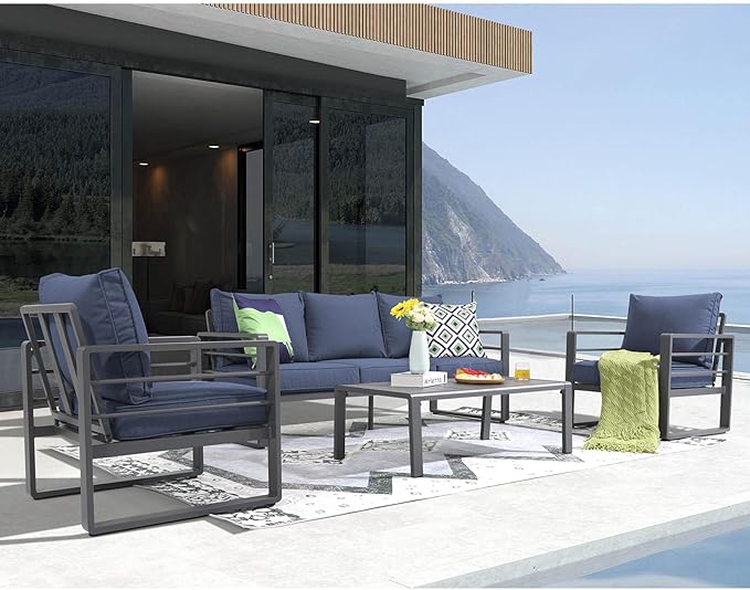 Patiorama Aluminum Patio Furniture Set, 4 PCS Modern Patio Conversation Set, All Weather Dark Grey Outdoor Sectional Sofa Set w/Table, 3-Seater Sofa, Superior Olefin Cushion, Garden-Blue Cushion