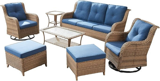 7 Piece Patio Furniture-All-Weather PE Wicker Outdoor Patio Furniture with Swivel Rocker Chairs,Outdoor Couch with Ottomans,Outdoor Furniture Set with Tables,
