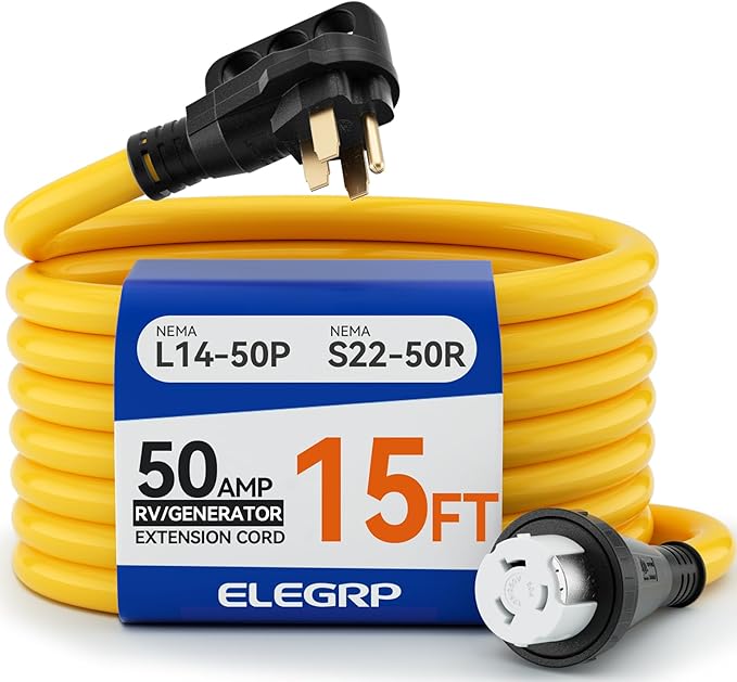 ELEGRP 50 Amp Generator RV Extension Cord 15 FT, 4 Prong NEMA 14-50P to NEMA SS2-50R Twist Lock, Heavy Duty 6/3+8/1 Gauge STW Locking Power Cord for RV Camper/Generator/House, UL Standard Compliant