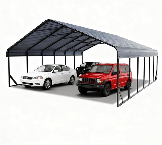20x30 FT Heavy Duty Metal Carport with Galvanized Steel Roof & Frame - All-Weather Portable Garage Shelter for 3 Cars, Safe Boat Cover & Yard Protection