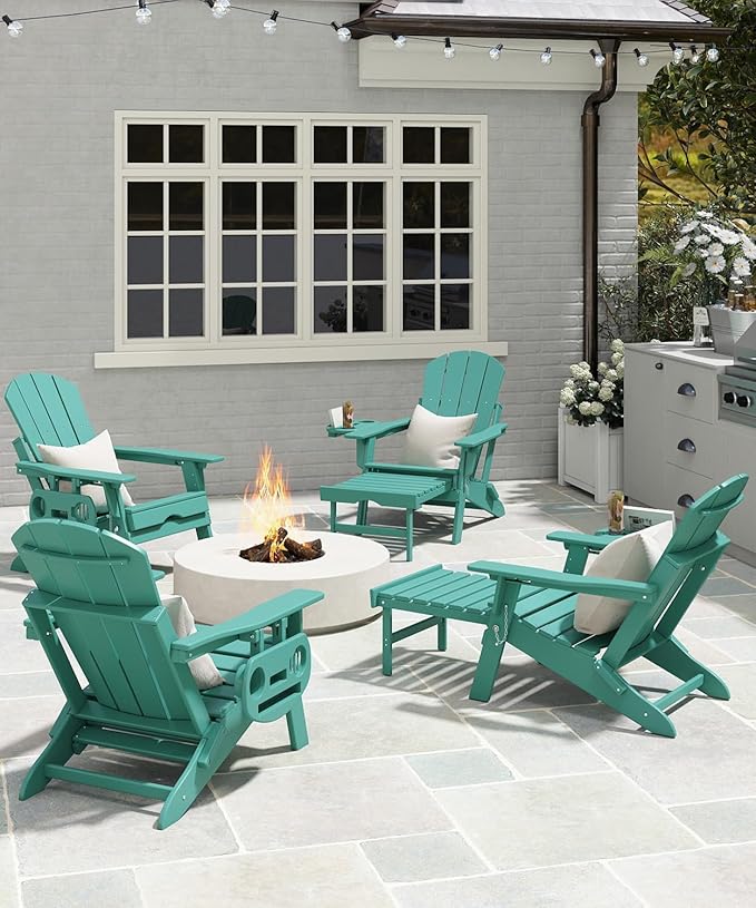 Adjustable Adirondack Chair with Retractable Ottoman Set of 2, HDPE Folding Adirondack Chair with Cup Holder, All Weather Fire Pit Chair for Outdoor.