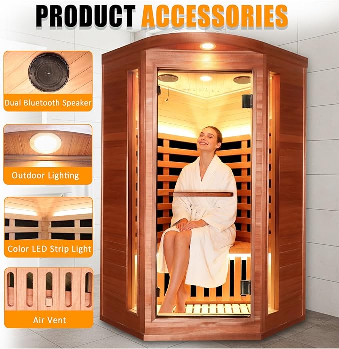 RIGO Pentagonal Single-Person Infrared Sauna Room – 1300W far-Infrared Heating, Made of Okoume Wood, Home Sauna, Equipped with Colorful LED Lighting and Bluetooth Speaker, 37.4 * 37.4 * 71 inches