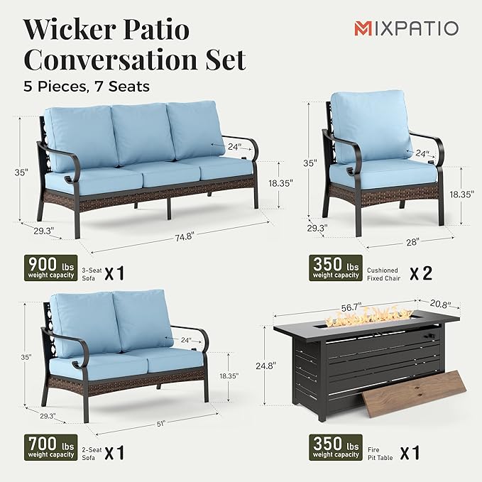 Patio Furniture Set with Firepit Table, Black Frame Outdoor Conversation Set with 2 x Fixed Chairs, 1 x 2-Seat Sofa, 1 x 3-Seat Sofa for Lawn Garden Backyard, Blue