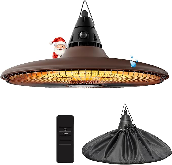Hanging Heater, 1500W Outdoor Electric Patio Ceiling Heater with Remote Control, Infrared for Courtyard, Garage, Patio, Overheat & Tip-Over Protection, IP65 Waterproof, Brown