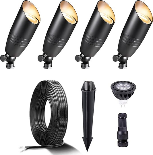 Gardenreet Black Brass Landscape Lighting Kit (4-Pack LED Spotlights) with 100 Feet Cable and 20Pack Wire Connectors for Outdoor House Garden Patio Without Low Voltage Transformer