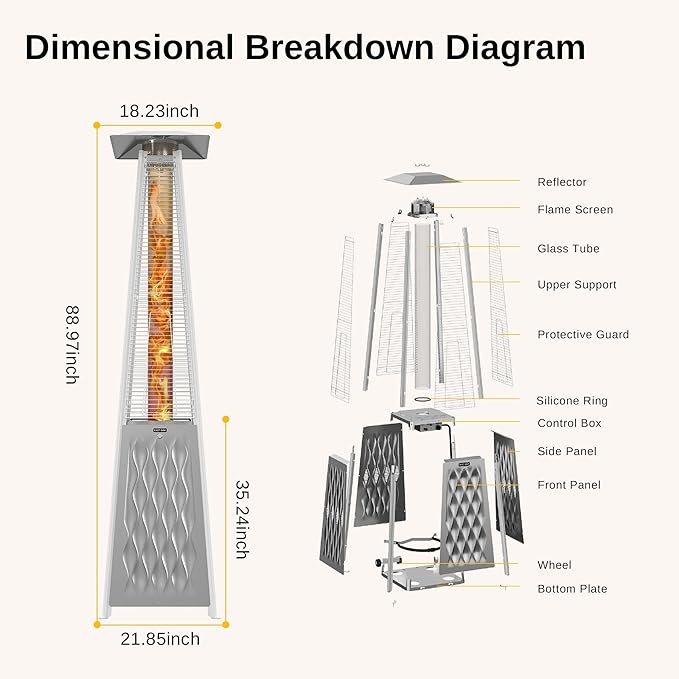 EAST OAK 48,000 BTU Pyramid Patio Heater, Quartz Glass Tube Propane Outdoor Heater with Wheels, Triple Safety Protection, 2025 Upgrade for Home, Backyard & Commercial Spaces, Stainless Steel