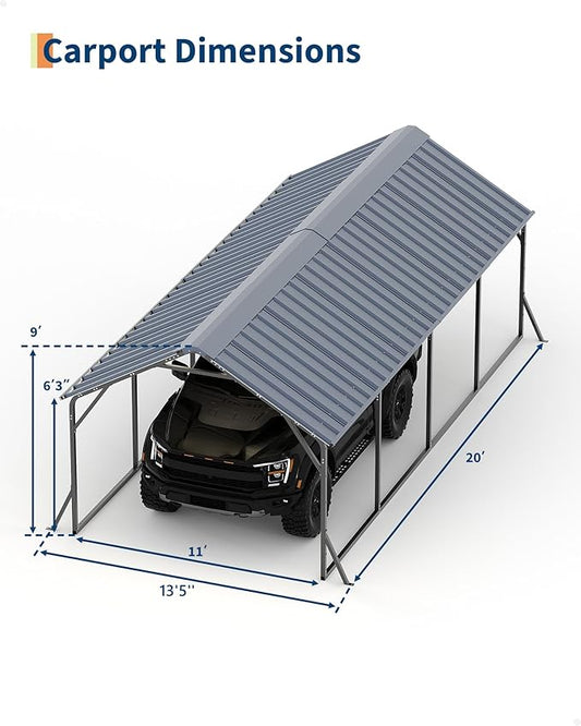 Garveelife 11 ft x20 ft x9 ft Vertical Roof Metal Carport, Heavy Duty Steel Car Ports for All-Weather, for Full-Size Pickup Trucks, Boats, and Tractors
