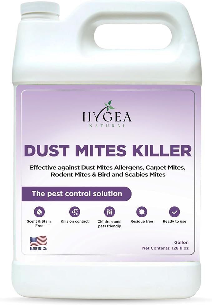 Hygea Natural Dust Mite Spray - Eliminates Dust Mites, Carpet Mites, Rodent Mites, Bird & Scabies Mites - Pet & Child Friendly, Eco-Friendly - 128oz (unscented)