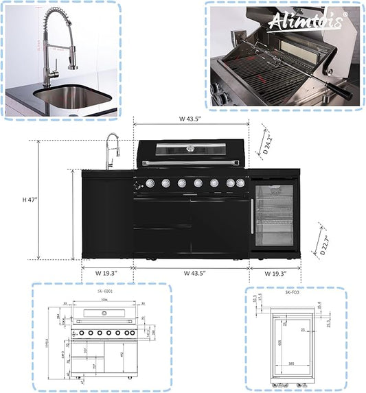 82 Inch 6 Burner 85000 BTU Deluxe Stainless Steel Gas BBQ Island Outdoor Kitchen with Wine Cooler, Rotisserie Kit, Granite Countertops & Stainless Steel Sink - Modular Outdoor Kitchen