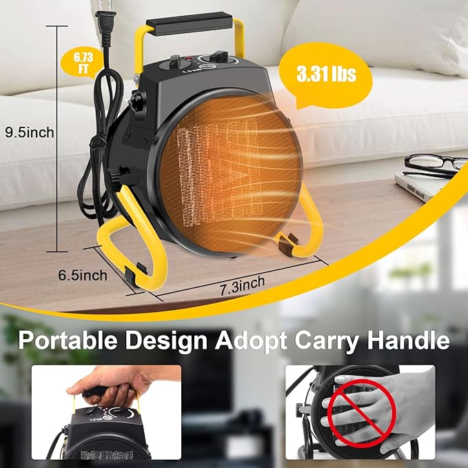 1500W Portable Garage Heater, Electric Outdoor Heater with Fast Heating & Overheat Protection, Patio and Greenhouse Space Heater for Indoor or Outdoor Use（Yellow）