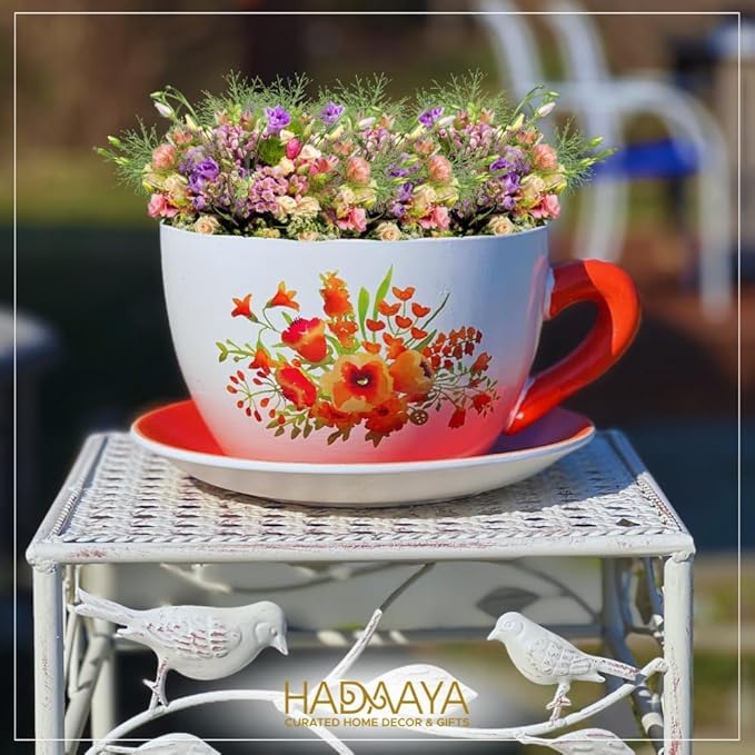 7.5" Round Ceramic Teacup Shape Planter Pot with Saucer for Succulents Orchids Herbs Cactus Indoor Houseplants Flowers for Home Garden and Event Decor – Orange Poppy Floral