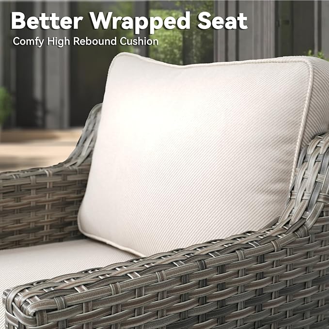 3 Pieces Patio Furniture Sets-Outdoor PE Rattan Wicker Chairs with Thickened Cushion and Glass Coffee Table,All Weather Patio Conversation Set for Garden Backyard Porch Deck Grey/Beige