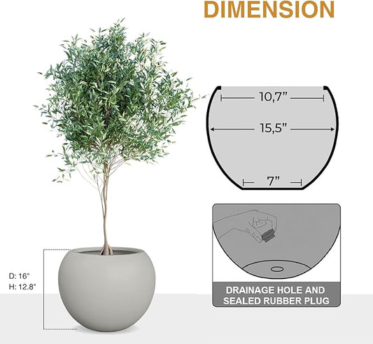 12.8”H x 16”D Globo Fiberstone Round Planter - Christmas Tree Planter, Smooth Finishes, Weather Resistant for Indoor & Outdoor Use, Included 2 Extra Coco Mats (Light Gray, 10.7” Pot Opening)