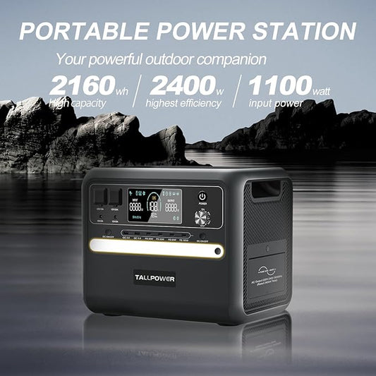 TALLPOWER Portable Power Station, 2400W, 2160Wh Large Capacity,AC Output Rating, LED Light, UPS Function,for Outdoor Camping (2400W Power Station+400W Solar Panel)
