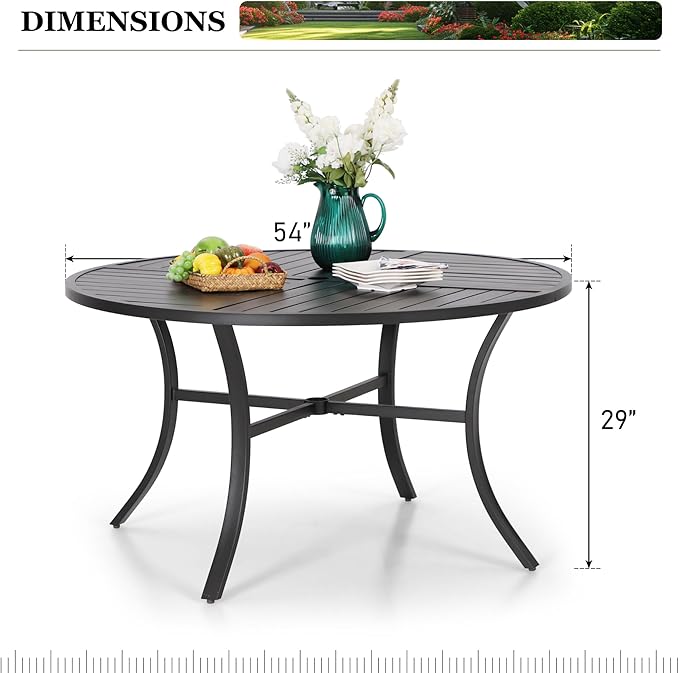 HERA'S HOUSE 54" Outdoor Patio Round Dining Table with Umbrella Hole, Metal Steel Frame for Backyard Lawn Balcony Deck, Black