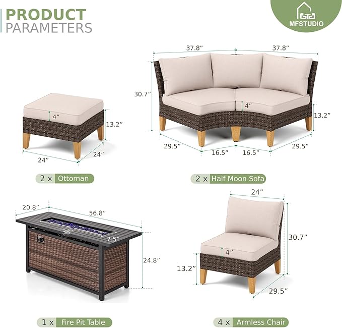 MFSTUDIO 11 Pieces Wicker Patio Furniture Set with 56" Fire Pit Table, All-Weather Outdoor Conversation Half-Moon Sectional Sofa Set, 4 x Curved Sofa, 4 x Armless Couch, 2 x Ottoman(Beige Cushion)